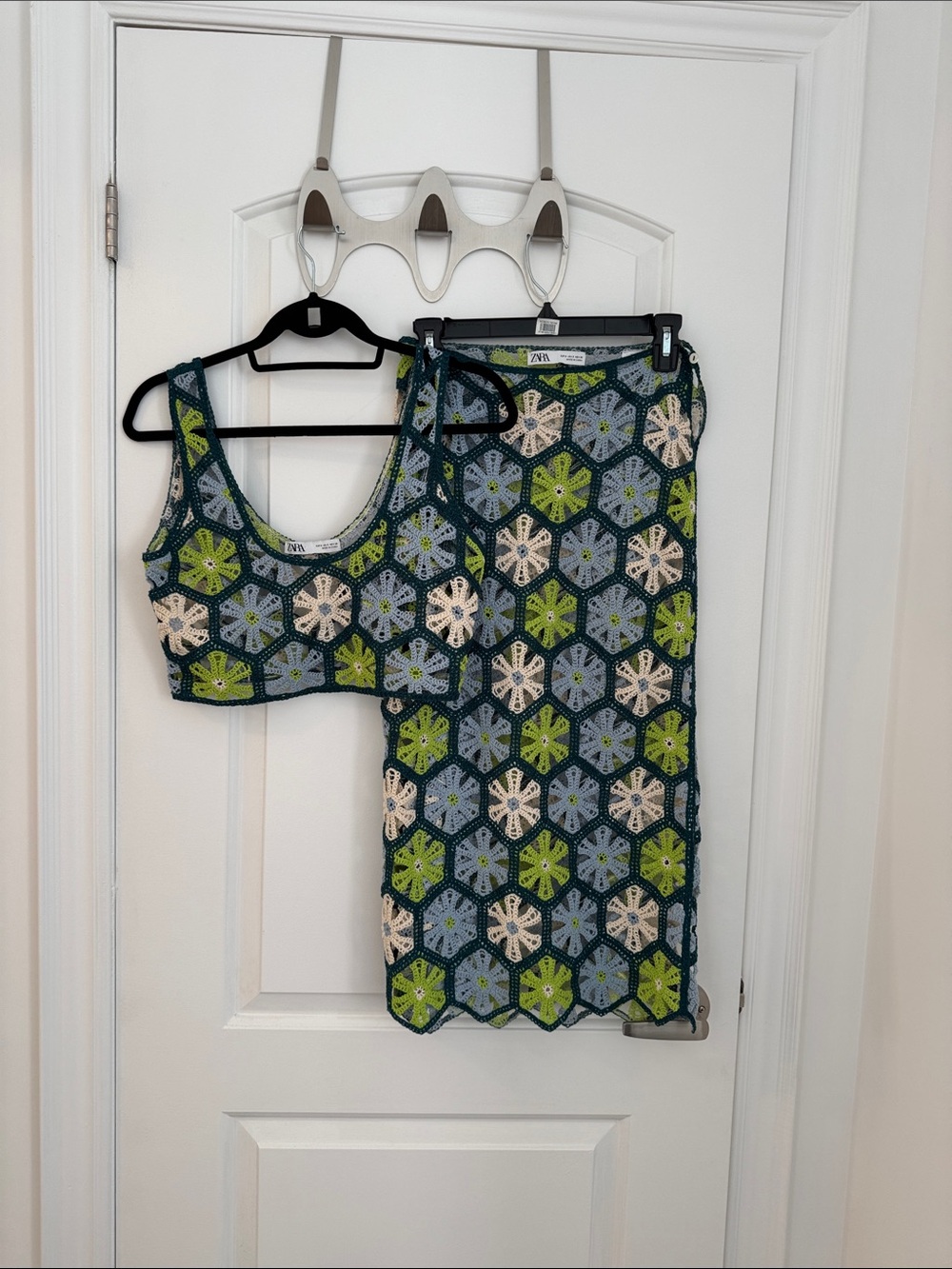 Women’s Crochet Midi Skirt in Green, Blue & Cream